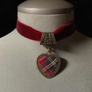 Plaid choker, red velvet choker, red heart choker, red choker, tartan, choker collar, red heart necklace, Scottish wedding, jewelry, gift