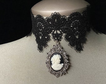 Tatted lace, black lace choker, tatted lace choker, black and white cameo, cameo jewelry, vintage collar, tatted lace collar, Victorian lace