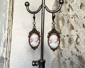 Blush pink cameo, pink cameo earrings, antique bronze earrings, Mother's Day gift, Victorian earrings, vintage earrings, leverback earrings