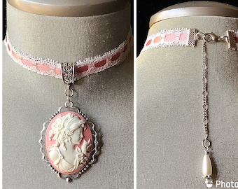 Pink ribbon cameo, pink cameo choker, pink lace collar, blush pink choker, bridal cameo, pink gothic, victorian, vintage, Valentines for her