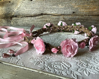 Pink rose headpiece, wedding headpiece, bridal flower crown, pink flower wreath, bohemian wedding, goddess, floral, flower headband