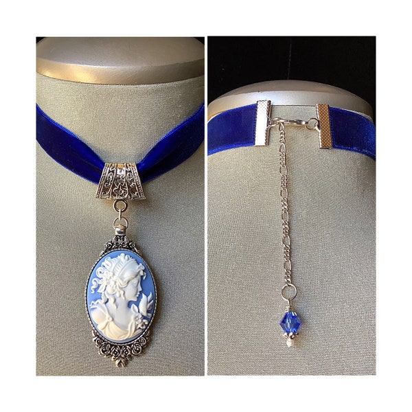 Sapphire choker, blue velvet choker, wedgwood cameo, victorian choker, royal blue velvet, silver cameo, gothic choker, classic, vintage