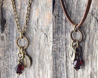 January birthstone necklace, Garnet birthstone, Garnet jewelry, Garnet necklace, leather for him, personalized initial, gift for her, teens