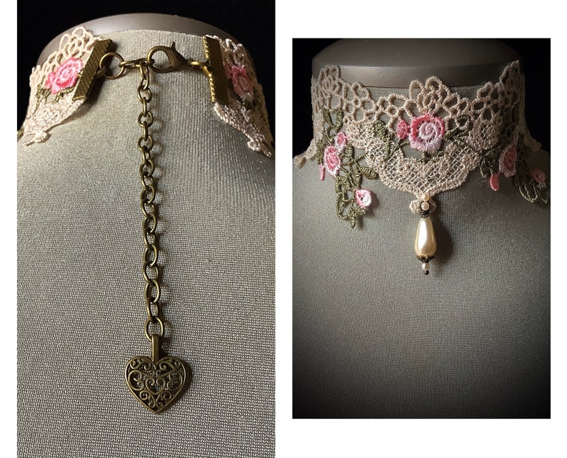 Puede incluir: Un delicado collar gargantilla de encaje blanco con bordados florales rosas y verdes. El collar presenta un colgante de gota de perla y una cadena ajustable con un cierre en forma de coraz&oacute;n.