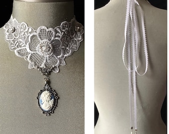 Blue bridal necklace, blue cameo choker, something blue, bridal jewelry, white lace choker, pearl choker, bridal pearl necklace, vintage