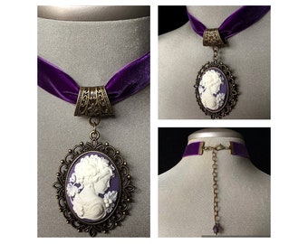 Tour de cou violet, tour de cou en velours, tour de cou en velours violet, tour de cou gothique, collier camée, bijoux camée, camée vintage, victorien, cadeau de fête des mères