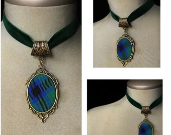 Douglas tartan, tartan pendant, tartan jewelry, green velvet choker, Christmas for her, personalized tartan, Scottish tartan, Douglas clan