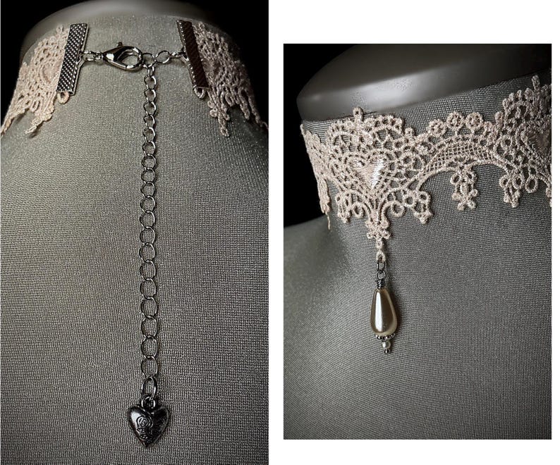 May include: A delicate white lace choker necklace with a silver chain and a pearl pendant. The necklace is adjustable and has a heart-shaped charm at the end of the chain.