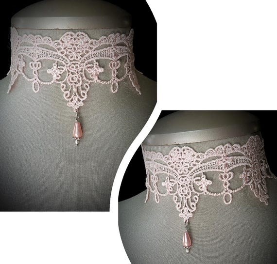 Blush pink, lace choker, baby pink choker, blush pearl necklace, pink lace choker, vintage lace choker,  romantic lace choker, bridal choker