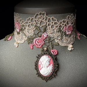 Vintage jewelry, Victorian style, antique lace, rose cameo, romantic choker, heirloom piece, historical, classic cameo, Mother's day gift image 8