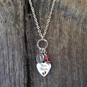 New Mom gift, push present, new Mom necklace, new Mom jewelry, new baby birthstone, personalized initial, stainless steel, baby feet charm