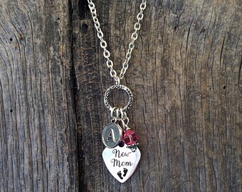 New Mom gift, push present, new Mom necklace, new Mom jewelry, new baby birthstone, personalized initial, stainless steel, baby feet charm