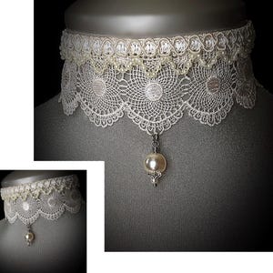 Bridal jewelry, antique lace choker, pearl choker, ivory pearl necklace, prom choker, elegant jewelry, Victorian bride, vintage jewelry