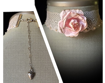 Victorian lace choker, pink rose necklace, pearl choker, bridal jewelry, prom accessories, romantic neckpiece, bridal lace choker, Mom gift