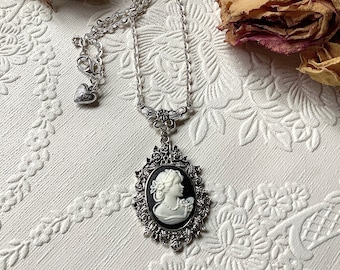 Collar de camafeo para dama, regalo de Navidad para ella, regalo de cumpleaños, adolescente, novia, hija, camafeo renacentista, camafeo en blanco y negro, antigüedad vintage