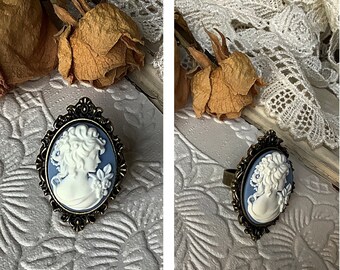 Blue cameo ring, bridal jewelry, bronze cameo ring, blue and ivory cameo, cameo jewelry, Christmas for her, adjustable ring, vintage ring