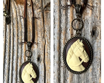 Equestrian, horse lovers, equestrian jewelry, horse cameo, genuine leather, rustic chic, cameo pendant, brown and ivory, Mother's day gift