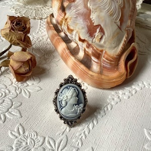 May include: A silver ring with a blue and white cameo of a woman's profile. The cameo is set in a silver oval frame with ornate details.
