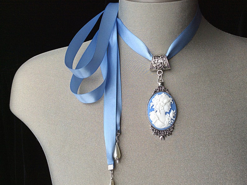 Blue cameo choker, vintage cameo, antique jewelry, Mothers Day gift, bridal necklace, antique cameo, Victorian cameo, silver pendant cameo image 3