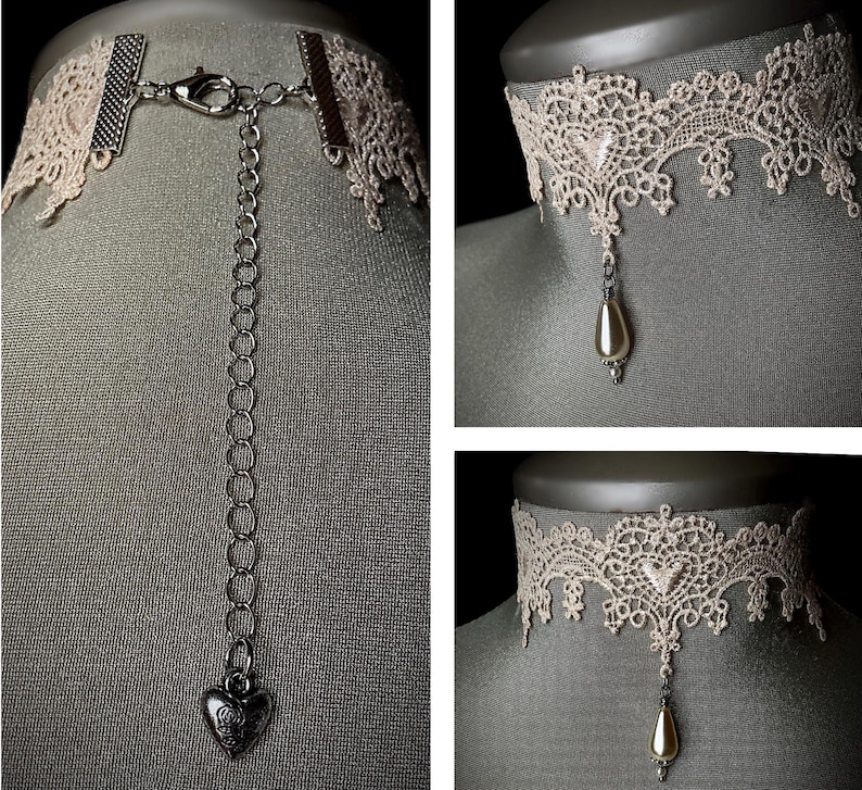 May include: A delicate ivory lace choker necklace with a pearl drop pendant. The necklace has an adjustable chain with a heart-shaped charm.