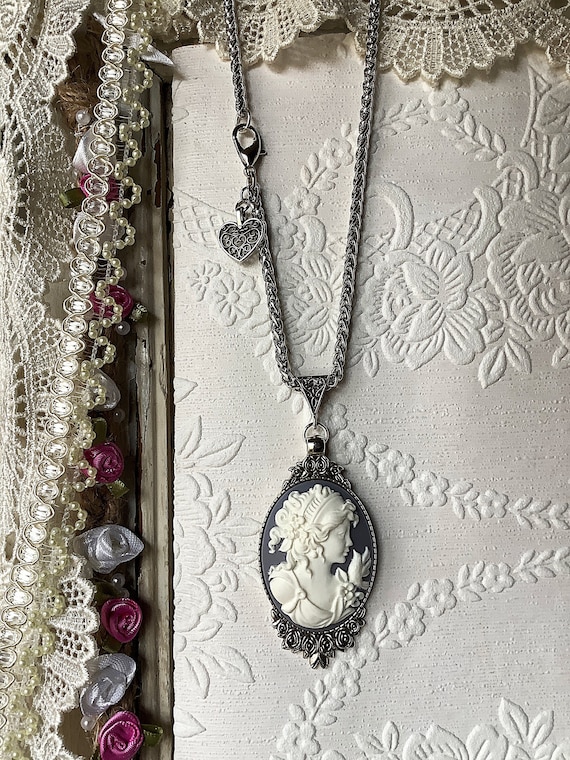 Pearl Grey Cameo, Antique Silver Pendant, Baroque Heart Charm