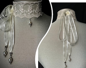 Ivory lace necklace, floral lace choker, chiffon ribbon ties, pearl choker, vintage bride, Victorian bridal choker, romantic bridal necklace