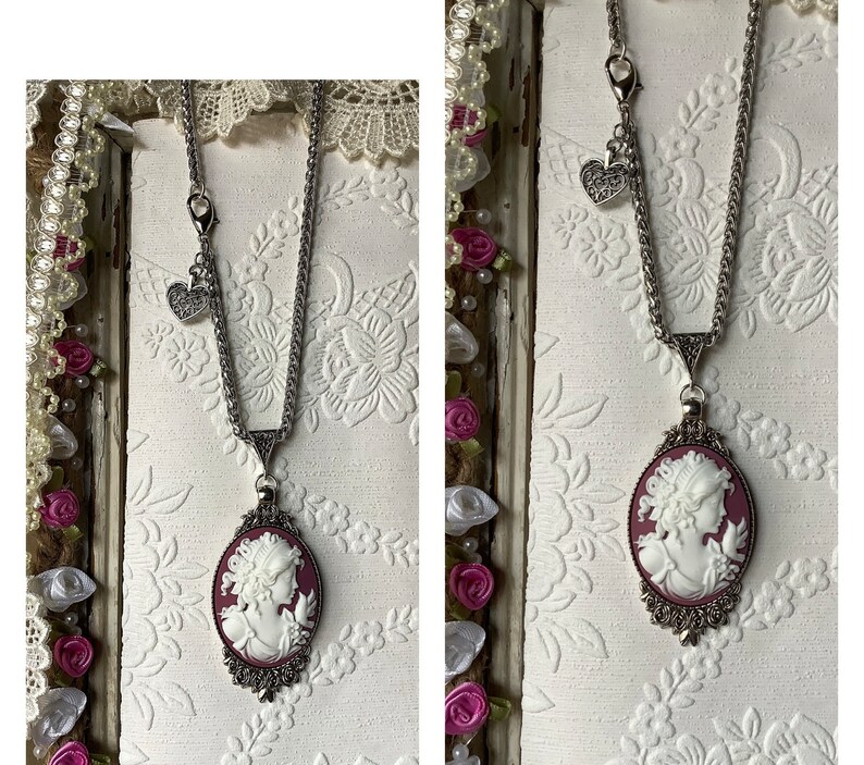 Wine cameo, portrait cameo, Victorian inspired, cameo jewelry, silver chain, romantic, vintage jewelry, Mother's day gift, gift for Mum image 4