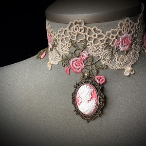 Vintage jewelry, Victorian style, antique lace, rose cameo, romantic choker, heirloom piece, historical, classic cameo, Mother's day gift image 3