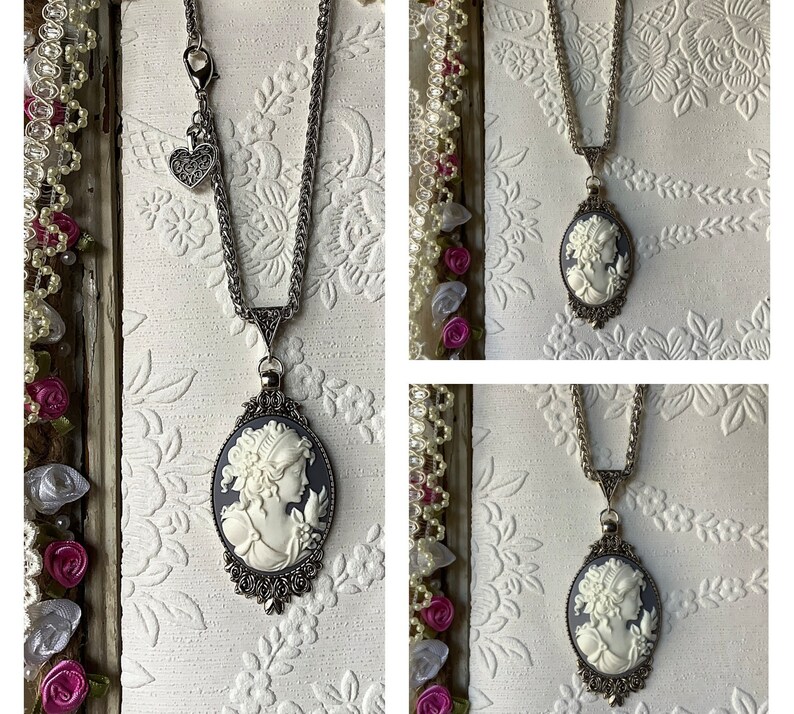 Cameo gris perla, colgante de plata antigua, encanto de corazón barroco, joyería de cameo, regalo del día de la madre, regalo para mamá, vintage, victoriano, romántico imagen 3