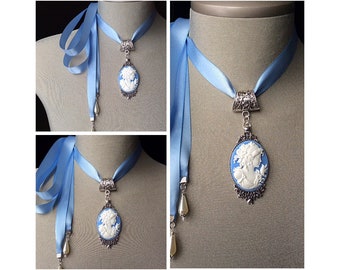 Ras de cou camée bleu, camée vintage, bijoux anciens, cadeau de fête des mères, collier de mariée, camée antique, camée victorien, camée pendentif en argent