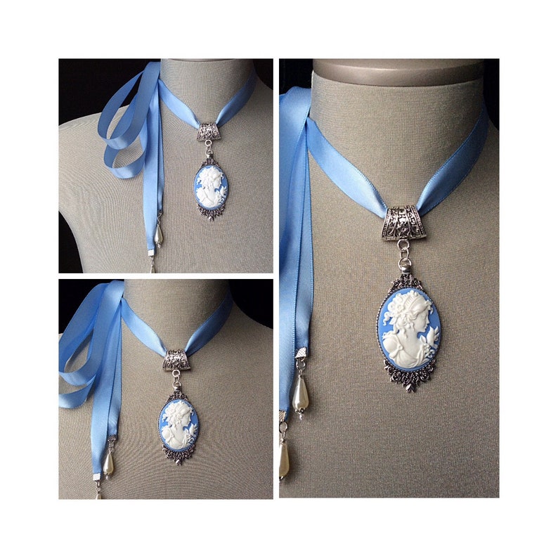 Ras de cou camée bleu, camée vintage, bijoux anciens, cadeau de fête des mères, collier de mariée, camée antique, camée victorien, camée pendentif en argent image 1