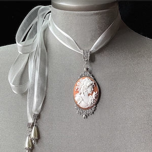 Peach cameo necklace, cameo and pearls, lady cameo, coral lady cameo, ivory cameo, cameo jewelry, vintage, Victorian, classic, antique cameo