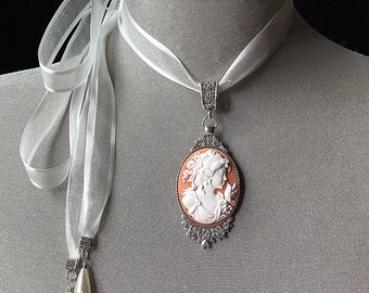 Peach cameo necklace, cameo and pearls, lady cameo, coral lady cameo, ivory cameo, cameo jewelry, vintage, Victorian, classic, antique cameo
