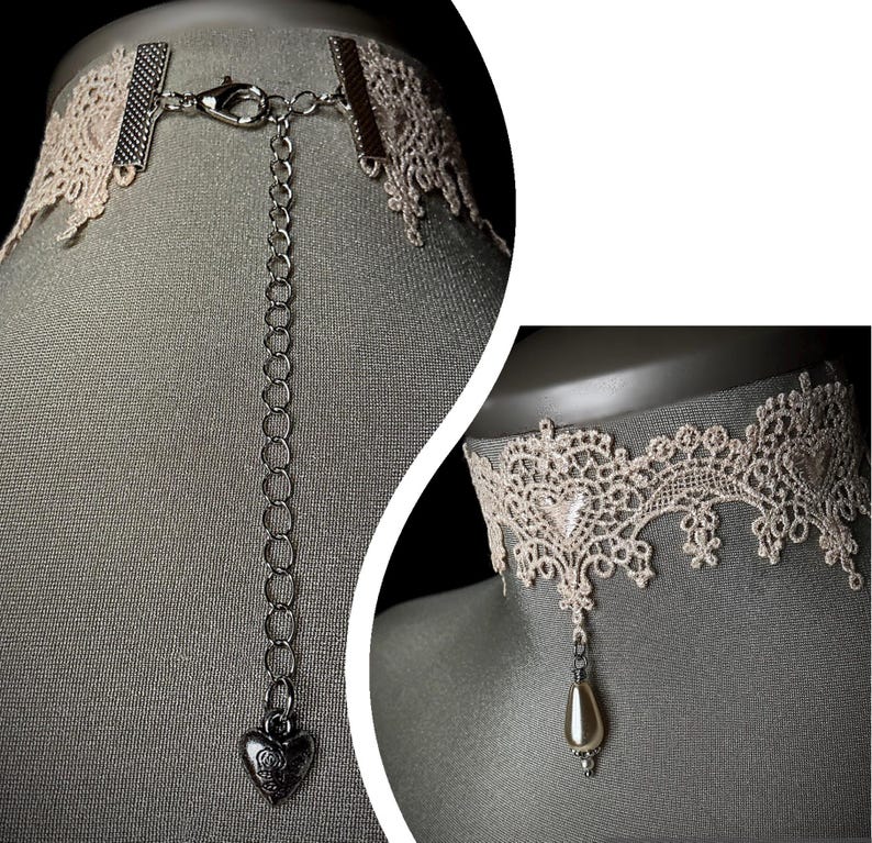 May include: A delicate white lace choker necklace with a silver chain and a heart charm. The necklace has a pearl drop pendant.