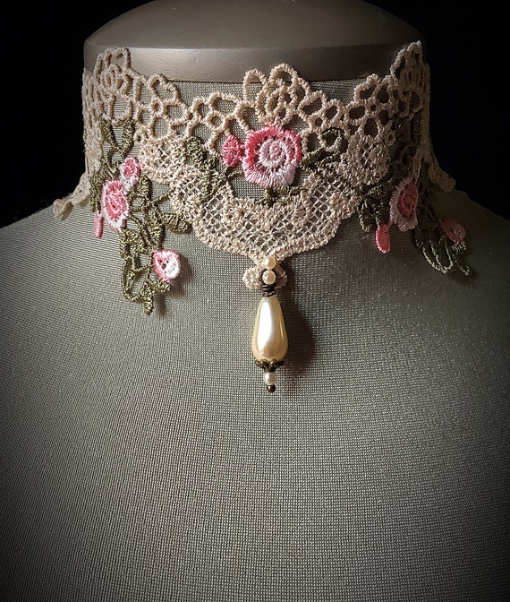 Victorian lace choker, ivory teardrop pearl necklace, vintage bridal accessory, pink rose lace, Victorian wedding jewelry, Mother's day gift