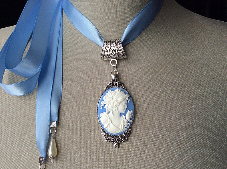 Blue cameo choker, vintage cameo, antique jewelry, Mothers Day gift, bridal necklace, antique cameo, Victorian cameo, silver pendant cameo image 2