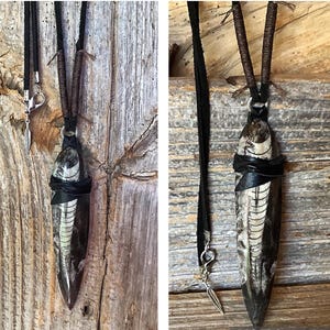 Mens necklace, leather, Morocco Orthoceras, orthoceras fossil, genuine, marble stone, fossil pendant, necklace, fossil stone, fossil jewelry
