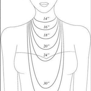 May include: A line drawing of a person's torso showing different necklace lengths in inches, from 14 inches to 33 inches.