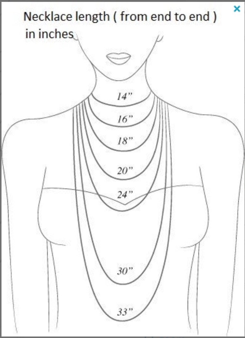 May include: A line drawing of a person's torso showing different necklace lengths in inches, from 14 inches to 33 inches.
