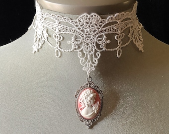 Bridal lace choker, lace choker, white lace choker, pink cameo choker, bridal choker, bridal jewelry, bridal necklace, wedding choker, gift