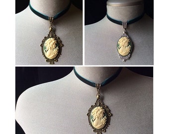 Green velvet choker, velvet cameo necklace, silver cameo choker, Victorian cameo jewelry, Irish green cameo, lady portrait cameo, gothic