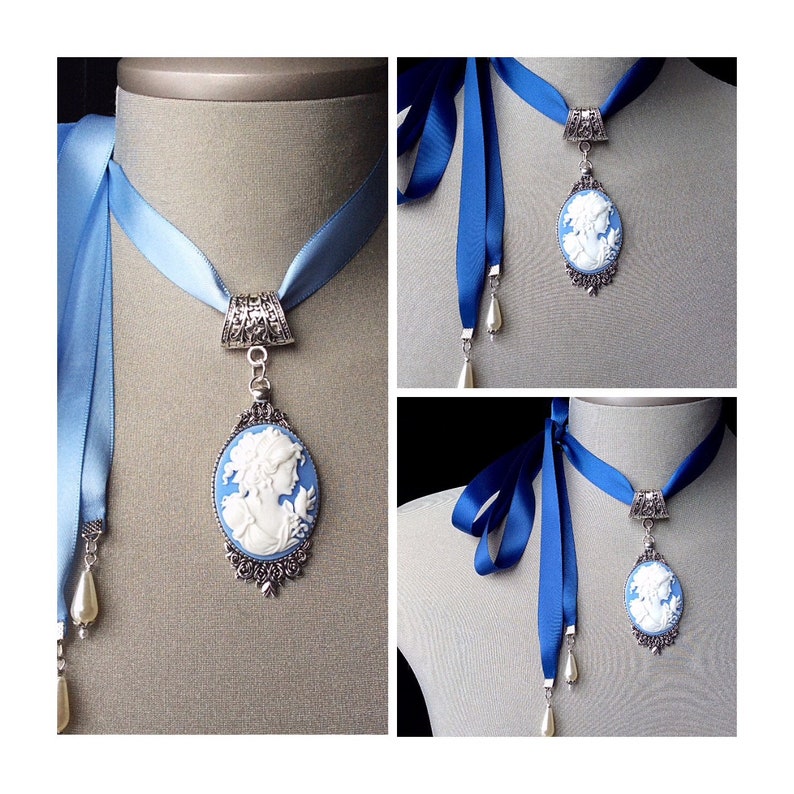 Ras de cou camée bleu, camée vintage, bijoux anciens, cadeau de fête des mères, collier de mariée, camée antique, camée victorien, camée pendentif en argent image 9