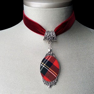 Scottish jewelry, Royal Stewart tartan, personalized clan tartan, red tartan, Valentines Day gift women, red plaid necklace, tartan fabric