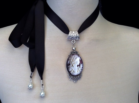 【Lavishe】Silhouette Vintage Cameo Necklace / 追跡送 Extra Large Vintage Lady Cameo Pendant Cabochon Black