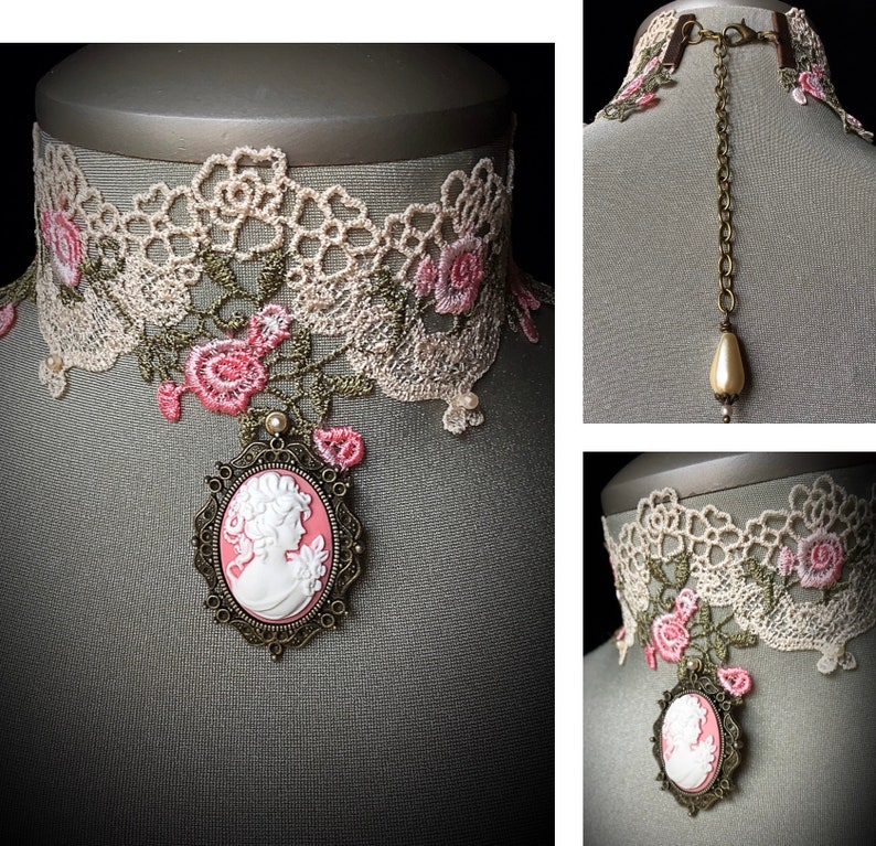 Vintage jewelry, Victorian style, antique lace, rose cameo, romantic choker, heirloom piece, historical, classic cameo, Mother's day gift image 4