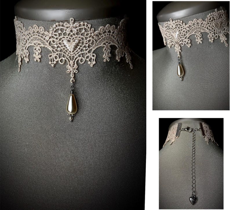 May include: A delicate beige lace choker necklace with a pearlescent teardrop pendant. The necklace has a silver chain closure.