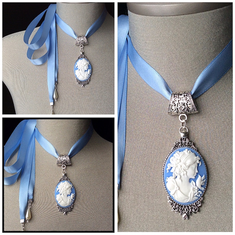 Ras de cou camée bleu, camée vintage, bijoux anciens, cadeau de fête des mères, collier de mariée, camée antique, camée victorien, camée pendentif en argent image 5