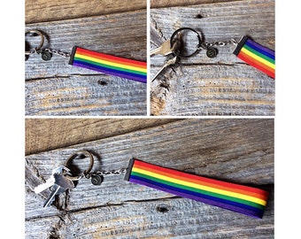 Rainbow pride keyring, LGBTQ personalized keychain, gay pride gift, lesbian gift, rainbow ribbon keyring, personalized gay keychain for men