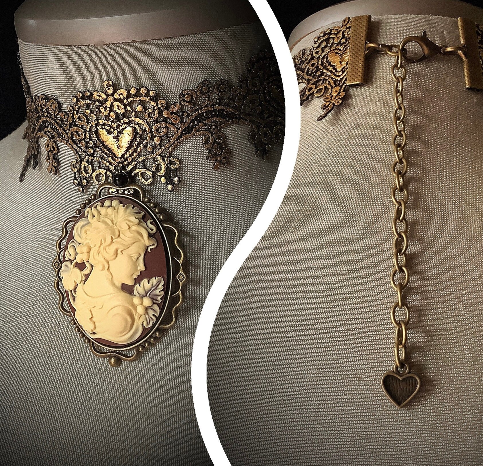 Antique Gold Choker, Lady Cameo Necklace, Vintage Choker 