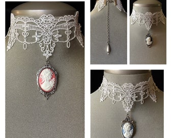 Bridal lace choker, lace choker, white lace choker, pink cameo choker, bridal choker, bridal jewelry, bridal necklace, wedding choker, gift